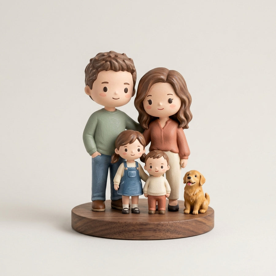 Hand-painted family figurine with a golden retriever on a walnut base