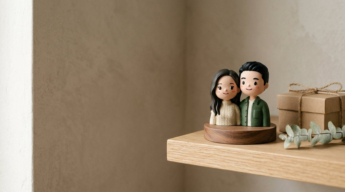 Hand-painted couple figurine on an oak shelf