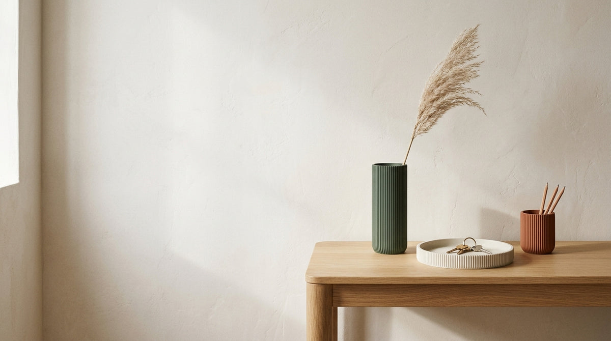Ribbed planter, tray and pencil cup on a wooden shelf