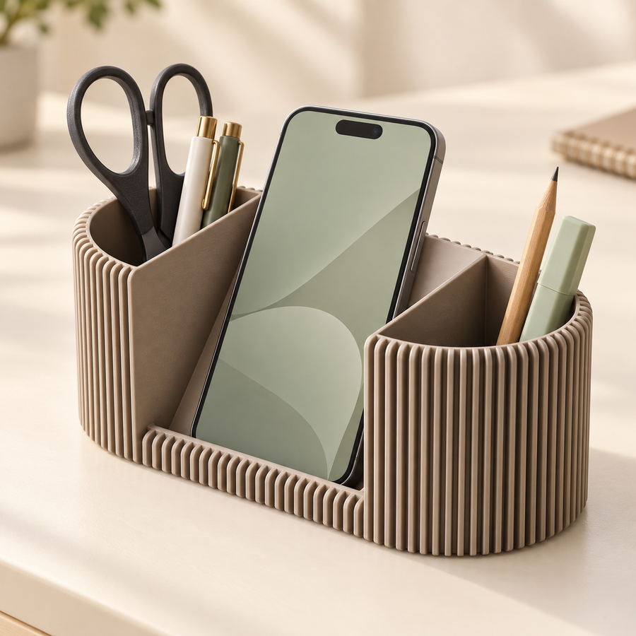 Fluted desk organizer holding a phone and pens
