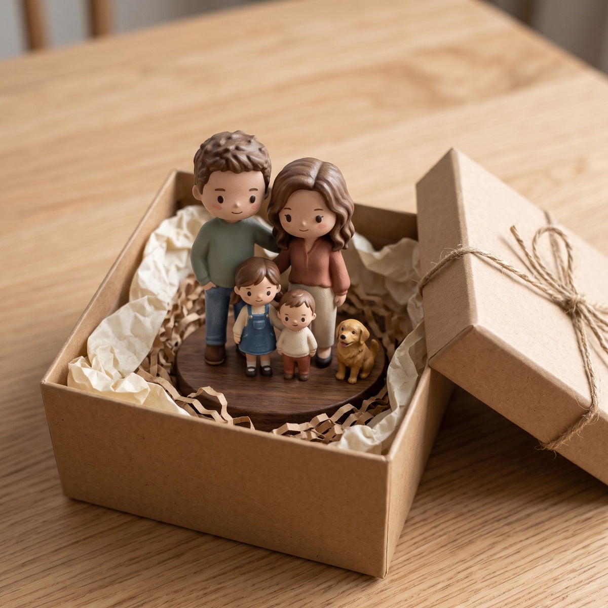 Family figurine in an open kraft gift box