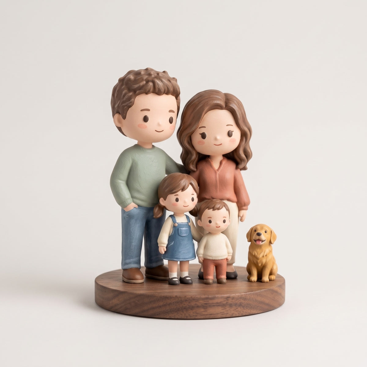 Hand-painted family figurine of four with a golden retriever on a walnut base