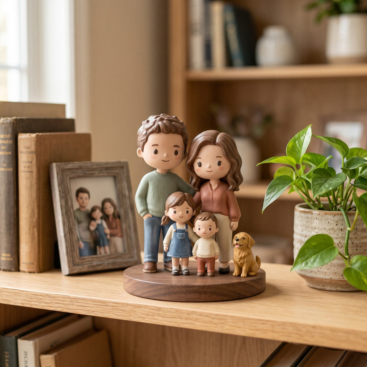Family figurine on a living room bookshelf