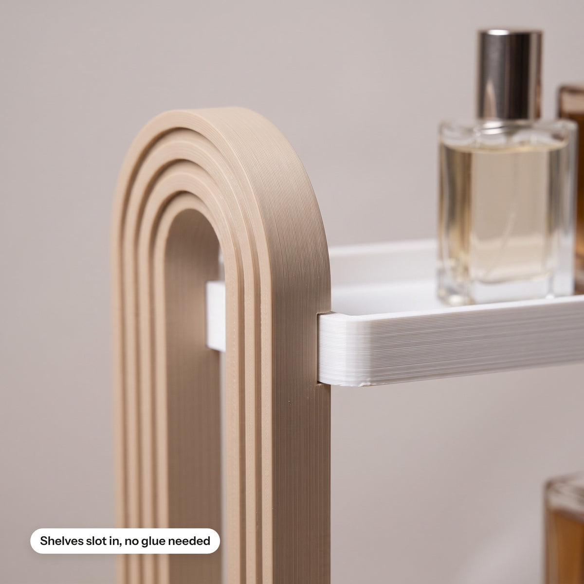 Close-up of the arched side and the slot-in shelf joint
