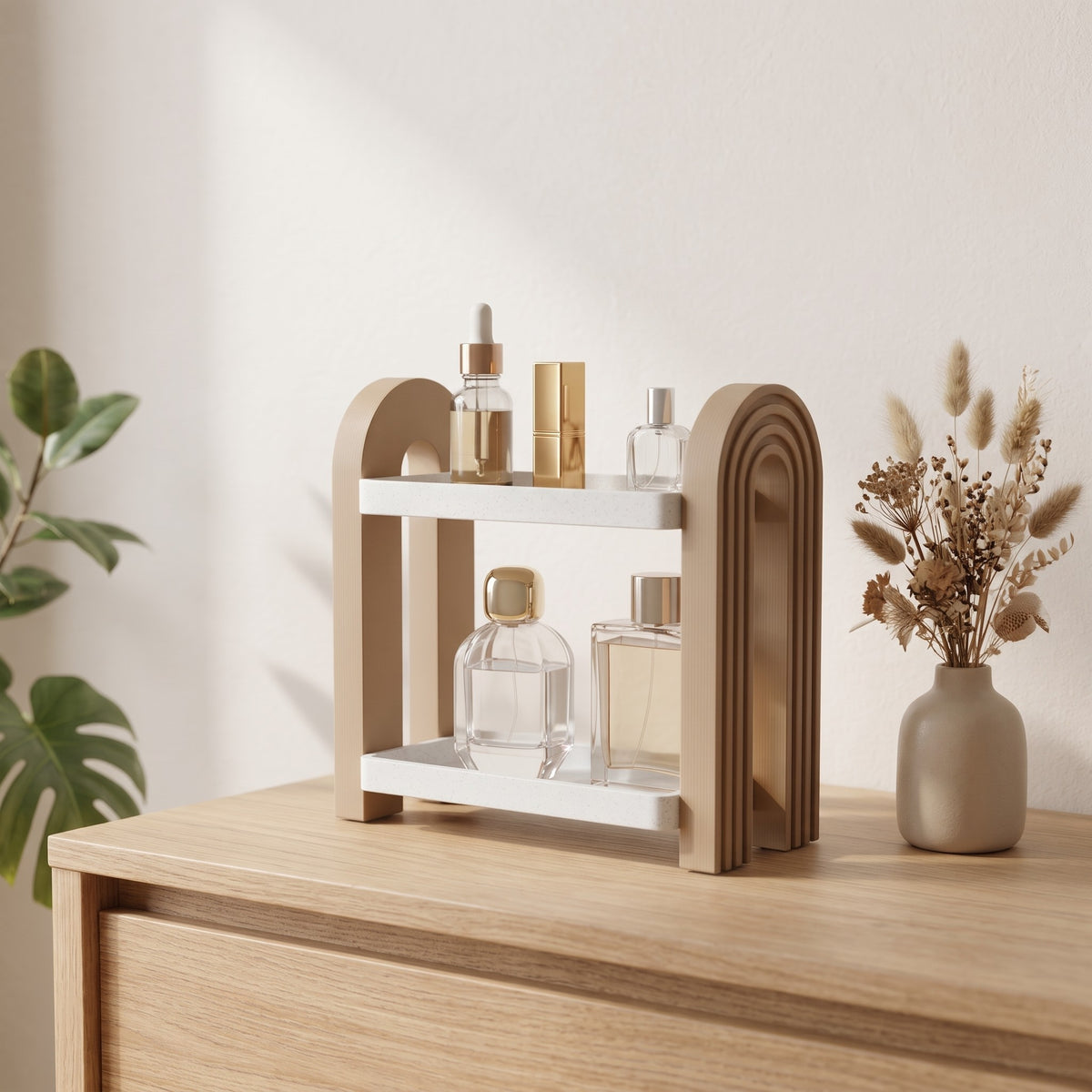 Perfis perfume shelf on a bedroom dresser with dried flowers