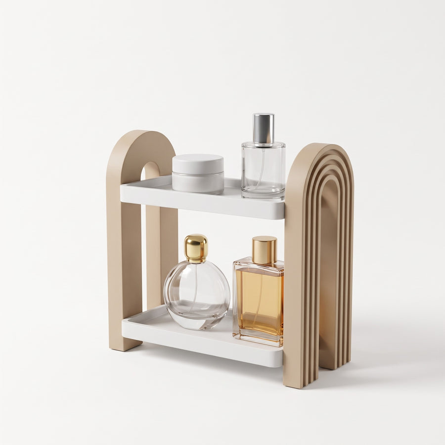 Perfis two tier arched perfume shelf holding glass bottles