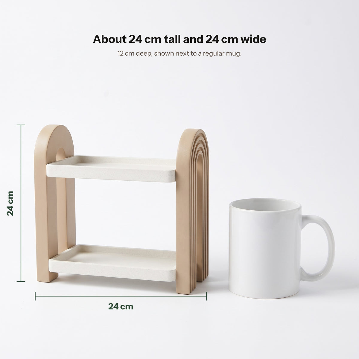 Perfis shelf next to a mug, about 24 cm tall and 24 cm wide