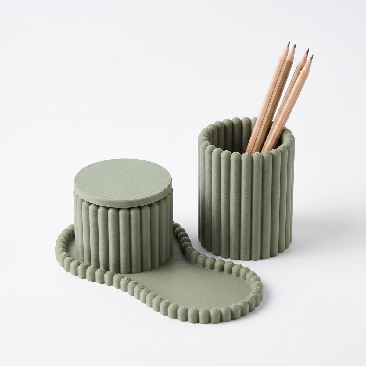 Ribblu organizer set in sage green: oval tray, lidded pot and ribbed pencil cup