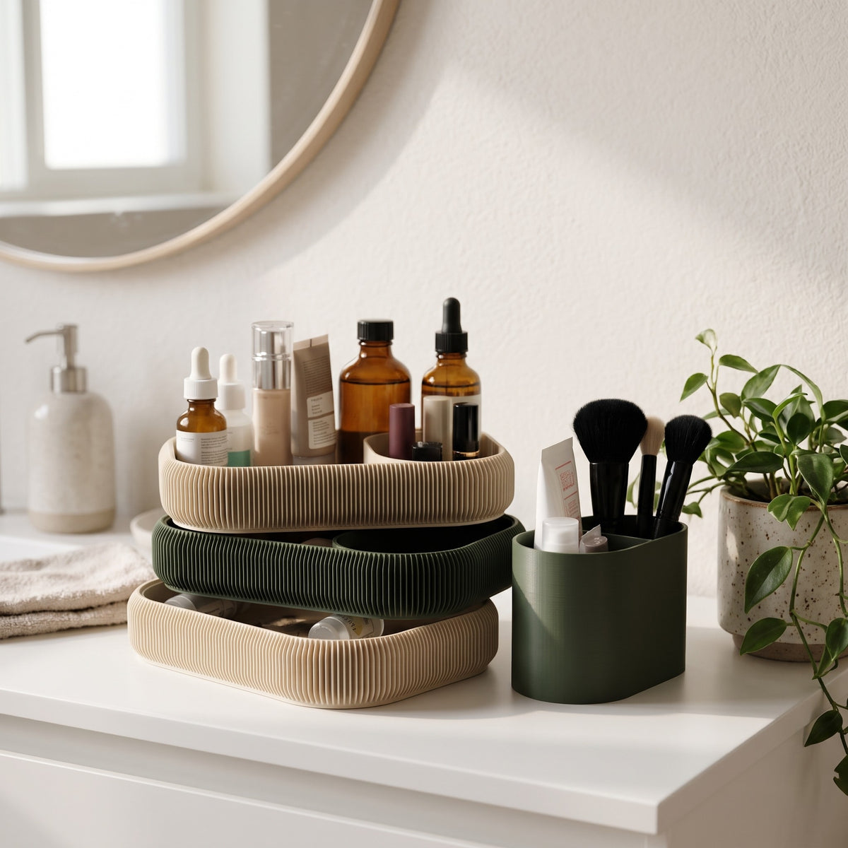 Stacked makeup trays on a white bathroom vanity