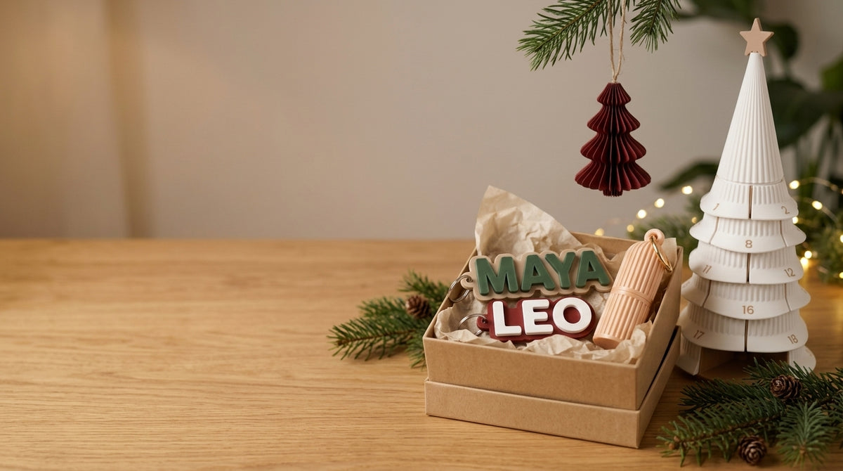 Name keychains and a lip balm keychain in a gift box beside a white advent calendar tree and a red ornament